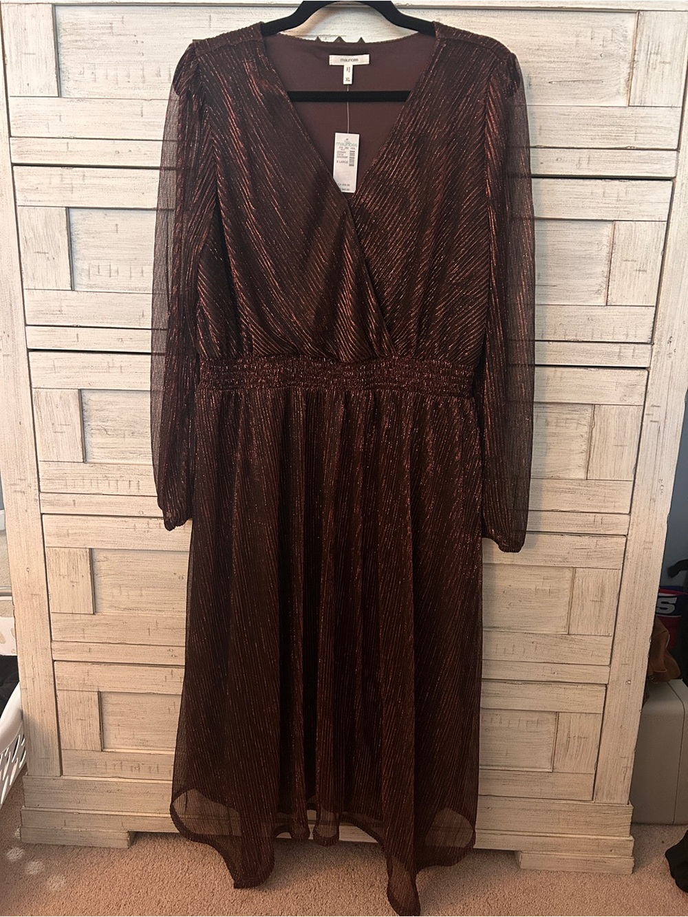 Pleated Metallic Brown V-Neck Midi Dress